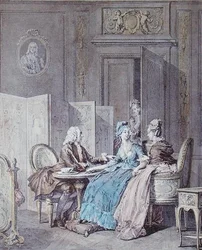 Graviditetserklæringen, 2. halvdel af 1700-tallet, indgraveret af Pietro Antonio Martini (1739-97) (farvestik) (se også 19554)