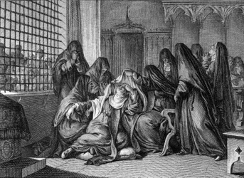 Abelard og Heloise: Heloise (1101-1164) tager sløret i klosteret for kvinderne i Argenteuil. Gravering af Jean Michel Moreau, dit Moreau le Jeune (1741-1814)