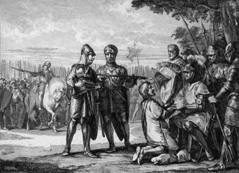 Slaget ved Tertry, 687: sejrherren over Neustriens hær, Pipin den Yngre eller af Herstal (ca. 653-714), fyrste af Austrasien, anerkender den neustriske kong Theuderik 3.s (657-691) myndighed. Stik af Jean Michel Moreau, kaldet Moreau den Yngre (1741-1814)