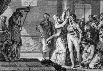 Ceremoni af blødgøring under capetianerne: kvinder sætter et bælte og gyldne sporer på en ung mand, der blev gjort til ridder, mens væbnerne dækker ham med hans rustning. 10.-11. århundrede. Gravering af Jean Michel Moreau, dit Moreau le Jeune (1741-1814)