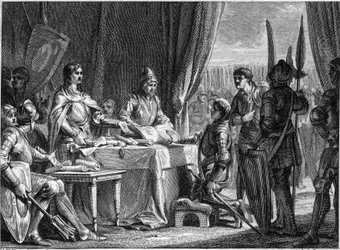 Charles Martel (688-741), frankernes konge, uddeler kirkens goder til sine soldater, 718. Gravering af Jean Michel Moreau, dit Moreau le Jeune (1741- 1814)