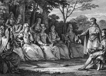 Kærlighedens domstol i middelalderen i nærværelse af troubadourerne - Stik af Jean Michel Moreau, dit Moreau le Jeune (1741-1814)