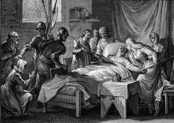 Død og arv efter Karl II den Skaldede (823-877), 877: Kongen overdrog til kejserinden kejserkronen, hans gyldne scepter, Sankt Peters sværd og et testamente, hvorved han udpeger sin søn Ludvig Begen til arv . Stik af J