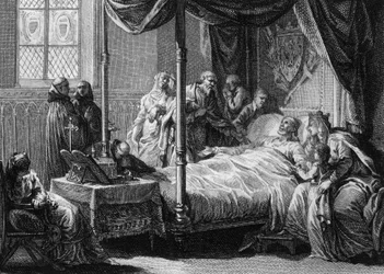 Død af Dagobert I (602/605-638), frankernes konge, i nærværelse af sin hustru, dronning Nantilde (ca. 610-642) og hans søn, den fremtidige Clovis II (ca. 635-657). Gravering af Jean Michel Moreau, dit Moreau le Jeune (1741-1814)