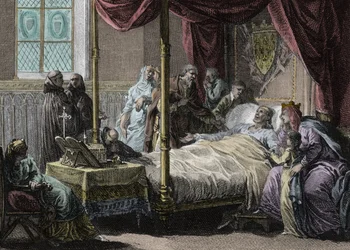 Død af Dagobert I (602/605 - 638), frankernes konge, i nærværelse af sin hustru, dronning Nantilde (ca. 610-642) og hans søn, den fremtidige Clovis II (ca. 635-657). Gravering af Jean Michel Moreau, dit Moreau le Jeune (1741-1814)