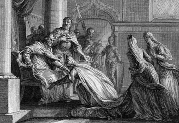 Emma af Frankrig (894-934), søster til Hugues den Store (897-956), bøjer sig på fødderne. Mariee har Raoul af Bourgogne (eller Rodolphe, 890-936), hun besluttede, efter anmodning fra sin bror, at give Frankrigs krone til sin mand, idet hun erklærede "bedre