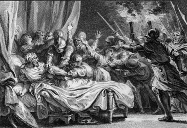 Slutningen af det karolingiske dynasti, 988: arrestation af Charles (953-991), hertugen af Nedre Lorraine, af Hugues Capet (941-996) og hans hær. Gravering af Jean Michel Moreau, dit Moreau le Jeune (1741-1814)