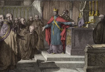 Hugues Capet (941-996) genindførte de kanoniske valg: Frankernes konge tillod munkene at vælge deres abbeder ved at placere et kors og en mitre på et alter. Gravering af Jean Michel Moreau, dit Moreau le Jeune (1741-1814)