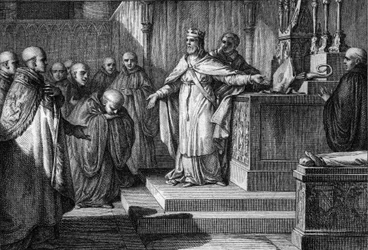Hugues Capet (941-996) genindførte de kanoniske valg: Frankernes konge tillod munkene at vælge deres abbeder ved at placere et kors og en mitre på et alter. Gravering af Jean Michel Moreau, dit Moreau le Jeune (1741-1814)