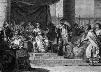 Fantasifuld repræsentation af regne af merovingerske "dovne konger": Clovis III (682-695), Childebert III (683-711) og Dagobert III (omkring 697-715) sover og sidder bag borgmesteren i Pepin le Jeune eller Herstal Palace (omkring 653-714). Stik af Je