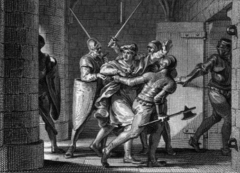 Fængsling af Karl III den Enfoldige (879-929), 923: I troen på at finde tilflugt hos Herbert af Vermandois, blev den tidligere konge af frankerne forrådt af sidstnævnte og sendt i fængsel. Gravering af Jean Michel Moreau, dit Moreau le Jeune (1741-1814)