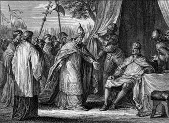 Interview mellem pave Gregoire IV (død 844) og Ludvig I den fromme eller Debonnaire (778-840), i 833, for at bilægge striden mellem kongen og hans sønner, Lothaire, Pepin og Louis. Gravering af Jean Michel Moreau, dit Moreau le Jeune (1741-18