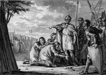 Ludvig I den fromme eller Debonnaire (778-840) tilgiver sin søn Lothaire (795-855), der bøjer sig på benene. 834. Stik af Jean Michel Moreau, dit Moreau le Jeune (1741- 1814)