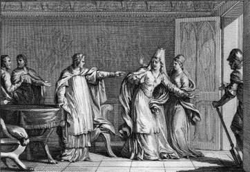 Louis V the Faineant (966-987), konge af frankerne, udviser sin mor, dronning Emma af Italien (945-988), anklaget for at have forgiftet sin mand, kong Lothaire (941-986), 987. Gravering af Jean Michel Moreau , dit Moreau le Jeune (1741-1814)