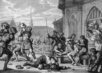 Martyr af Saint Leger og grev Guarin, 675: eveque Saint Leger (616-675), til højre, har skåret tunge og læber. Hans bror, grev Guarin (til venstre) bliver stenet. Gravering af Jean Michel Moreau, dit Moreau le Jeune (1741-1814)