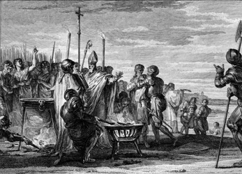 Ordalies eller "Guds domme", 877: repræsentanterne for Ludvig af Germanien, som kom til at gøre krav på Ludvig II den Skaldede halvdel af kongeriget Lorraine, blev enige om at underkaste sig testene med varmt jern, kogende vand og koldt vand. Gravering af 