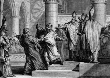 Bod og afsættelse af Ludvig I den fromme eller Debonnaire (778-840), 833: efter at have tilstået, bliver kongen frataget kejserlige ornamenter af arkeveken i Reims, derefter dækket med en pose anger. Gravering af Jean Michel Moreau, dit Moreau le Jeu
