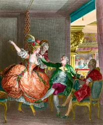 Prostitution: "" Præsentationen i teatret""" En ung kvinde præsenteres gennem en matchmaker for en gentleman. Stik af Moreau le Jeune (1741-1814). 19. århundrede. Privat samling