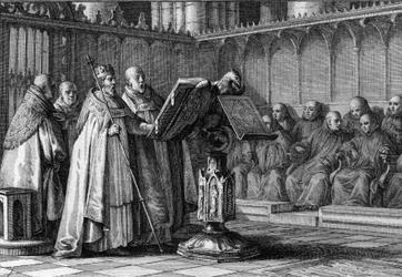 Robert II den fromme (970-1031), frankernes konge, synger ved en gudstjeneste foran en talerstol. Han bærer sin krone og holder sit scepter. Gravering af Jean Michel Moreau, dit Moreau le Jeune (1741-1814)
