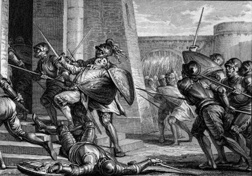 Robert the Fort døde (ca. 815-866), hertug af Frankrig, under slaget ved Brissarthe i 866, idet han modsatte francerne til en hær, der kombinerede bretonsk og viking. Gravering af Jean Michel Moreau, dit Moreau le Jeune (1741-1814)