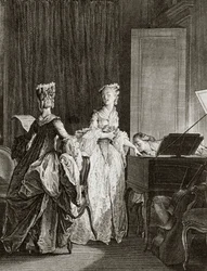 Saint Preux og Claire ved cembalo i "" Julie ou la nouvelle Heloise"" af den schweiziske filosof Jean Jacques (Jean-Jacques) Rousseau (1712-1778) - gravering af Moreau le jeune, Jean Michel (1741-1814) (Saint) -Preux, slår sig ned ved cembalo, kys