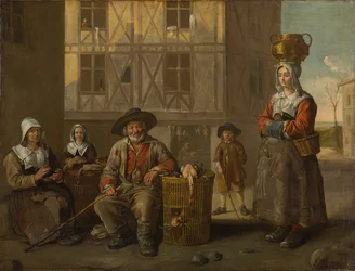 En fjerkræhandler og en gammel kvinde varmer sine hænder, omkring 1652 (olie på lærred)