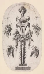 Design til en periode med lederen af kvinde, stropper og trofæer, 1535-55.