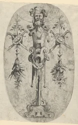 Mandlig endefigur, hoved med skæg og turban på en trekvart remspindel..., ca. 1543-45.