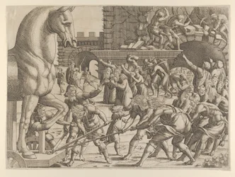 Trojanerne bringer træhesten ind i deres by, 1535-55.