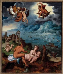 Phaetons fald. Phaeton (Phaethon), ude af stand til at kontrollere Helios’ stridsvogn, blev ramt af Zeus og faldt i floden Eridan. Maleri af Claude Mignon (1535-1555), 16. århundrede, Rouen, Musée des Beaux-Arts