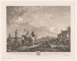 Landskab med figurer ved et springvand La Fontaine du Triton (titel på objekt) Tryk efter malerier af Philips Wouwerman (serietitel) Oeuvres de Ph.pe Wouwermans Hollandois (serietitel)