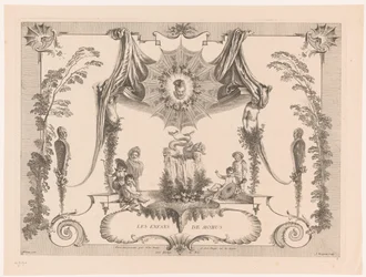 Design til paneler med børn ved et springvand Les Enfans de Momus (titel på objekt) Oeuvre af Antoine Watteau (serietitel) L