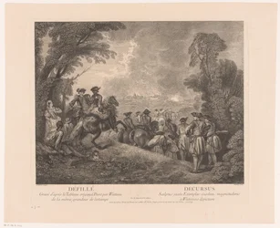 Procession med soldater på vej til en by Défillé - Decursus (titel på objekt) Værker af Antoine Watteau (serietitel) Værket af Antoine Watteau, peintre du roy en son Academie roïale de peinture et sculpture (...) (serietitel)