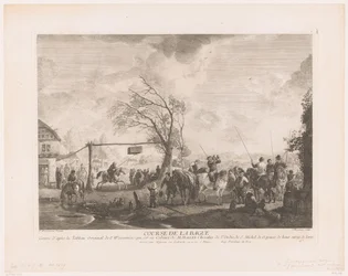 Ringeskilt på en landsbykro Cours de la bague (titel på objekt) Tryk efter malerier af Philips Wouwerman (serietitel) Oeuvres de Ph.pe Wouwermans Hollandois (serietitel)