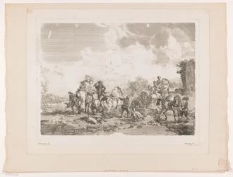 Hvilende jagtselskab ved et springvand La Fontaine de Venus Tryk efter malerier af Philips Wouwerman (serietitel) Oeuvres de Ph.pe Wouwermans Hollandois (serietitel)