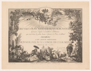 Titeltryk med figurer og dyr i et landskab, med portrættet af Philips Wouwerman Tryk efter malerier af Philips Wouwerman (serietitel) Oeuvres de Ph.pe Wouwermans Hollandois (serietitel på objekt)