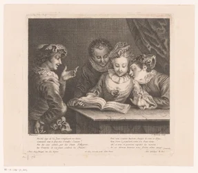 Syngende ung kvinde og tre unge mænd ved et bord Oeuvre af Antoine Watteau (serietitel) L