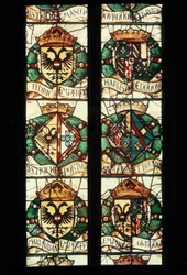 Heraldiske våbenskjolde fra de kongelige familier i Østrig, Tyskland, Frankrig og Portugal forbundet med giveren, Margaret af Østrig, 1527-29