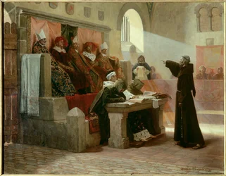 Albigeoise Inquisition: "Agitatoren fra Languedoc Bernard Delicieux (1260-1318), franciskanermunk under hans retssag." Dommens scene: på første række i midten, over for Bernard Delicieux, er den store inkvisitor omgivet af to religiøse, bagved