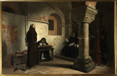 Bernard Delicieux (1260-1319) for inkvisitionens domstol - Maleri af Jean Paul (Jean-Paul) Laurens (1838-1921), olie på lærred, ca. 1881, 79x121 cm - (Bernard Delicieux for inkvisitionsdomstolen, Oil lærred af Jean Paul Laurens) - Sta