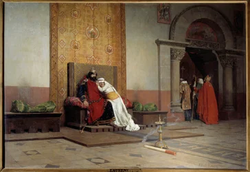 Ekskommunikation af Robert II den Fromme i 998. Kongen af Frankrig, søn af Hugues Capet, forelsker sig og gifter sig med sin kusine Berthe af Bourgogne på trods af at pave Gregoire V., som også ekskommuniserer ham, er blevet fordømt. Maleri af Jean Paul La