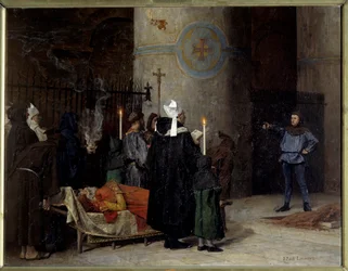 Begravelse af Vilhelm Erobreren (1027-1087), konge af England fra 1066 til 1087 (1087), i Abbey aux Hommes (Abbey-au-Hommes) i Caen. En mand ved navn Asselin afbryder ceremonien. Maleri af Jean Paul Laurens (1838-1921)