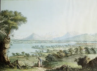 Udsigt over Mont Blanc med Genève i forgrunden, indgraveret af Jean Philippe Linck II (1770-1812) og Jacob Philippe Hackert (1737-1807)