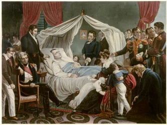 Napoleons død, 5/05/1821 på Sankt Helena. Litografi af Jean Pierre Marie Jazet (1788-1871) efter maleriet af Charles Auguste Steuben (1788-1856). Malmaison Slotsmuseum