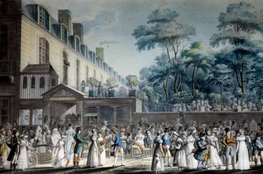 Udsigt over Paris: promenaden i den tyrkiske have. Litografi af Jean Pierre Marie Jazet (1788-1871)