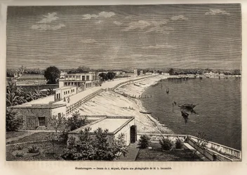 Chandernagor (nuværende Chandannagar, i Vestbengalen), ved bredden af Ganges, gravering efter tegningen af J. Moynet, der illustrerer Rajahernes rejse i Indien, i 1864-1868, af Louis Rousselet, udgivet i "" Le tour du monde”” 1874, redigeret