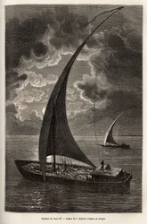 Les barques du haut Nile, reduceret besætning og passagerer, der sover på dækket, i måneskin, gravering efter J. Moynets tegning, der illustrerer rejsen til Afrikas hjerte i 1868-1871, af Dr. Georges Schweinfurth, udgivet i "" Le tour du monde”” 1874, udg