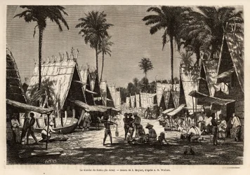 Dobbos march på Arou Island, et havnecenter, animeret af mange købmænd og skibsbygning, indgraveret efter tegningen af J. Moynet, der illustrerer rejsen til den malaysiske øgruppe i 1854-1862, af Alfred Russell Wallace (1823-1913) ), en britisk
