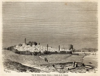 Udsigt over Baku (Rusland, Aserbajdsjan), tegning af Mr. Moynet, for at illustrere rejsen til Det Kaspiske Havs kyst, i oktober 1858, af Mr. Moynet. Indgravering i "" Le tour du monde, nouveau journal des voyages"" Paris