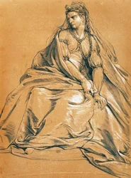 Skuespillerinden Adrienne Lecouvreur (1692-1730) i titelrollen Andromaque, af Jean Racine (1639-1699), tegning, Frankrig